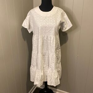 Pretty Little Thing 8 White Broderie Anglaise Smock Dress Embroidery Ruffle